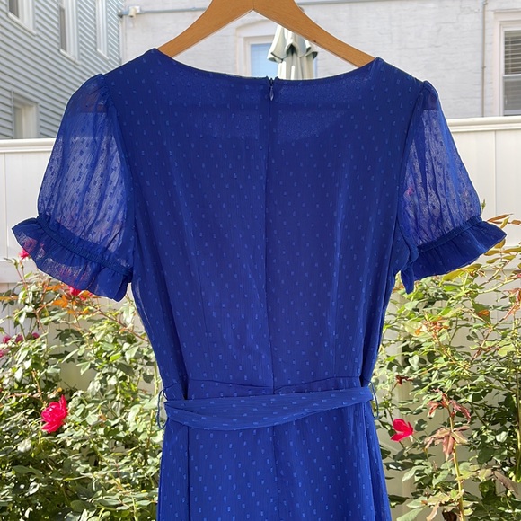 NY Collection - Blue Short Sleeve Belted Swiss Dot Dress - Medium - Picture 7 of 14